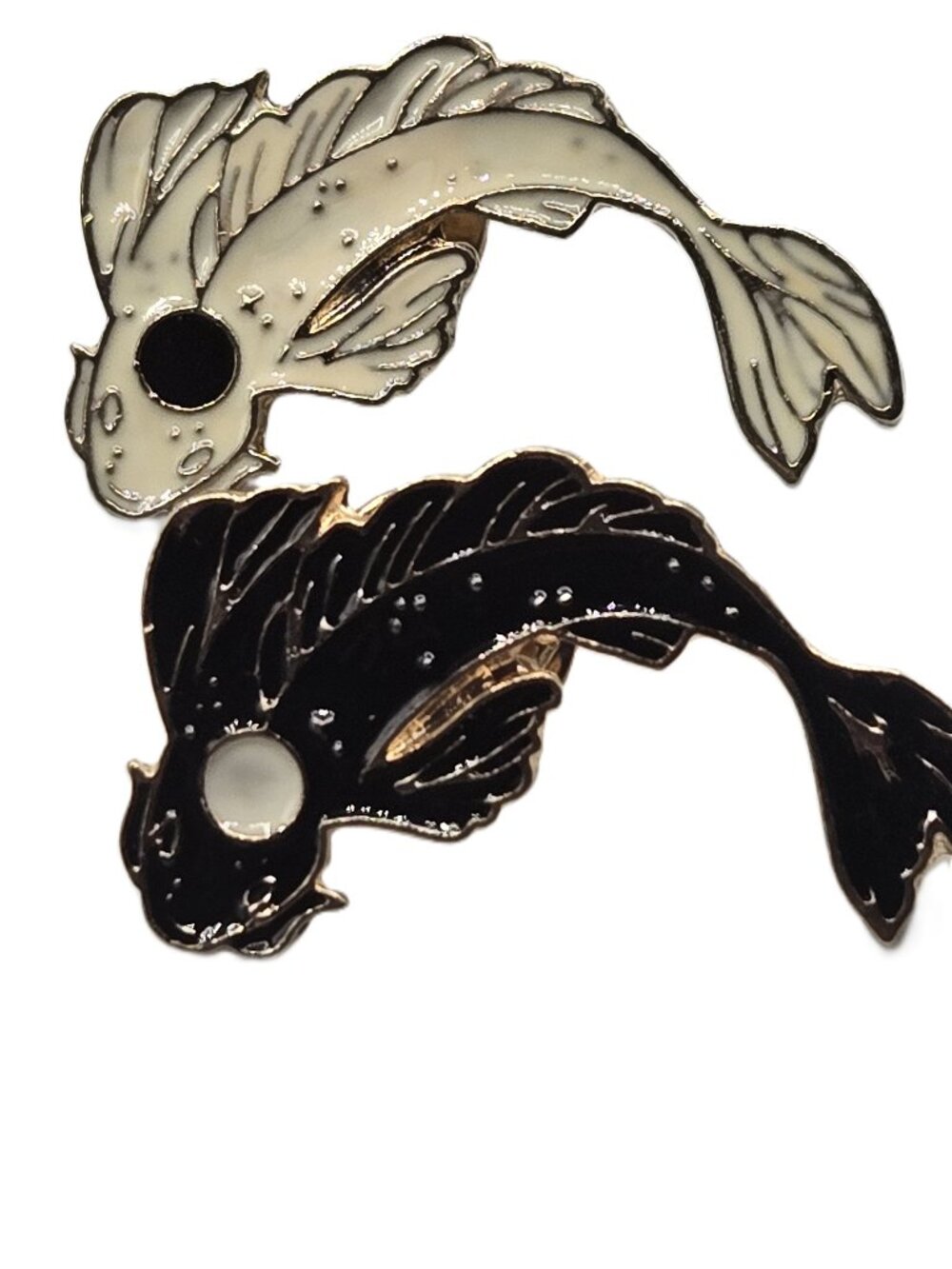2 Enamel Tac Pins Yin Yang Koi Fish Black White Metal  Fashion Costume Jewelry